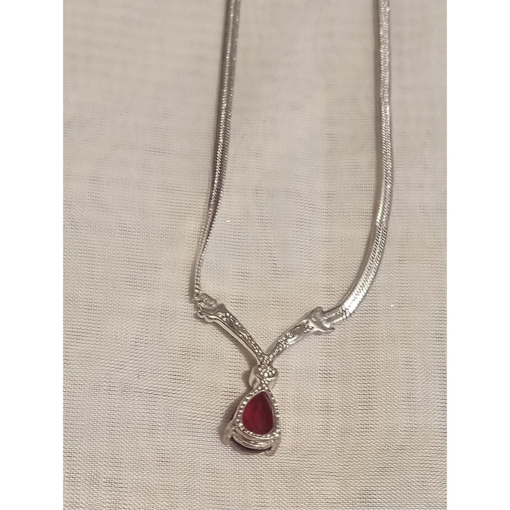 Vintage Silvertone Red Faux Garnet Ruby Pendant Necklace